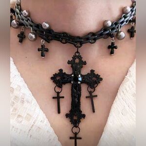 Gorgeous Gothic Black Gunmetal Grey Chain Grunge Cross Layered Necklace